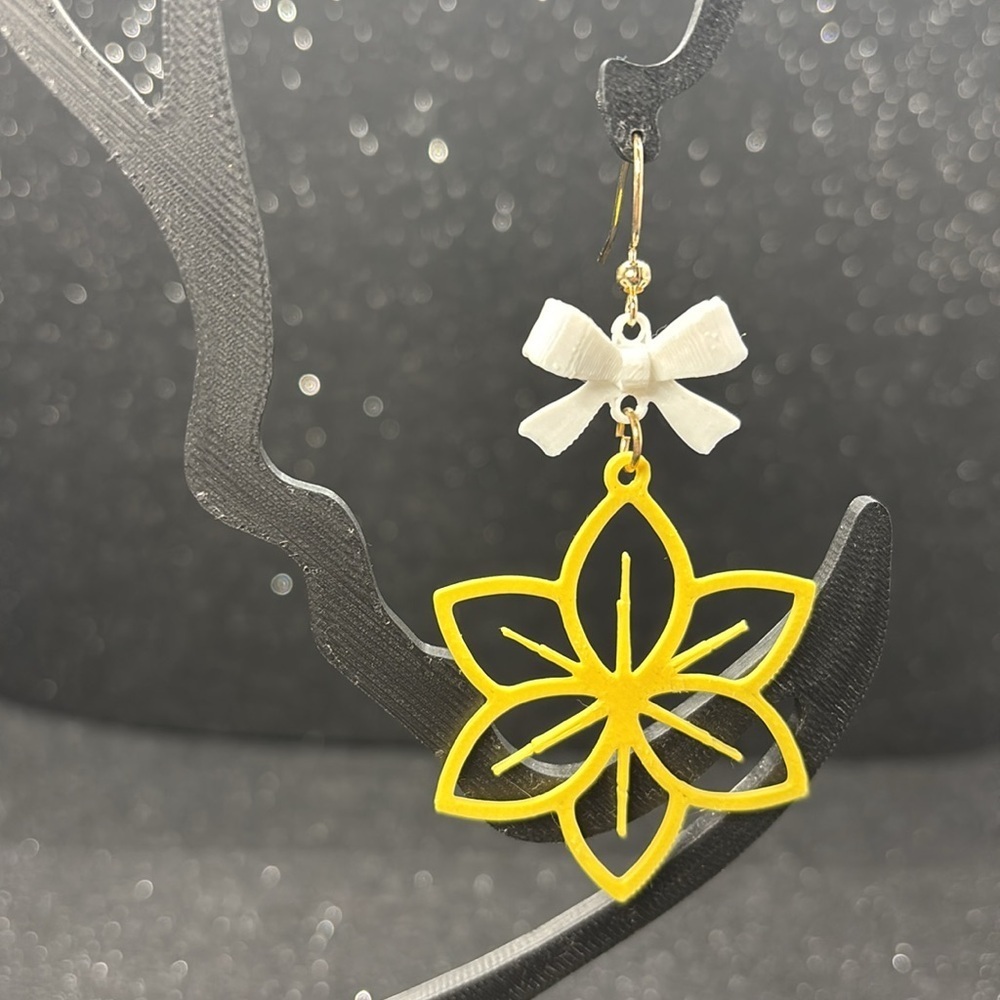 Yellow Floral Earrings with White Bow Accents - Picture 5 of 6
